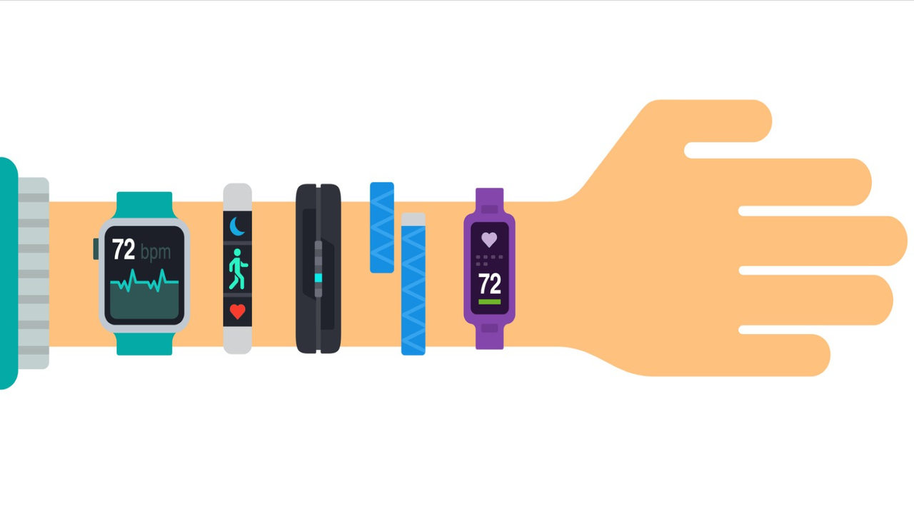 Fitbits vs Apple Watches: illustration arm with multiple fitness trackers on