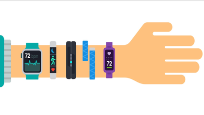 Fitbits vs Apple Watches: illustration arm with multiple fitness trackers on