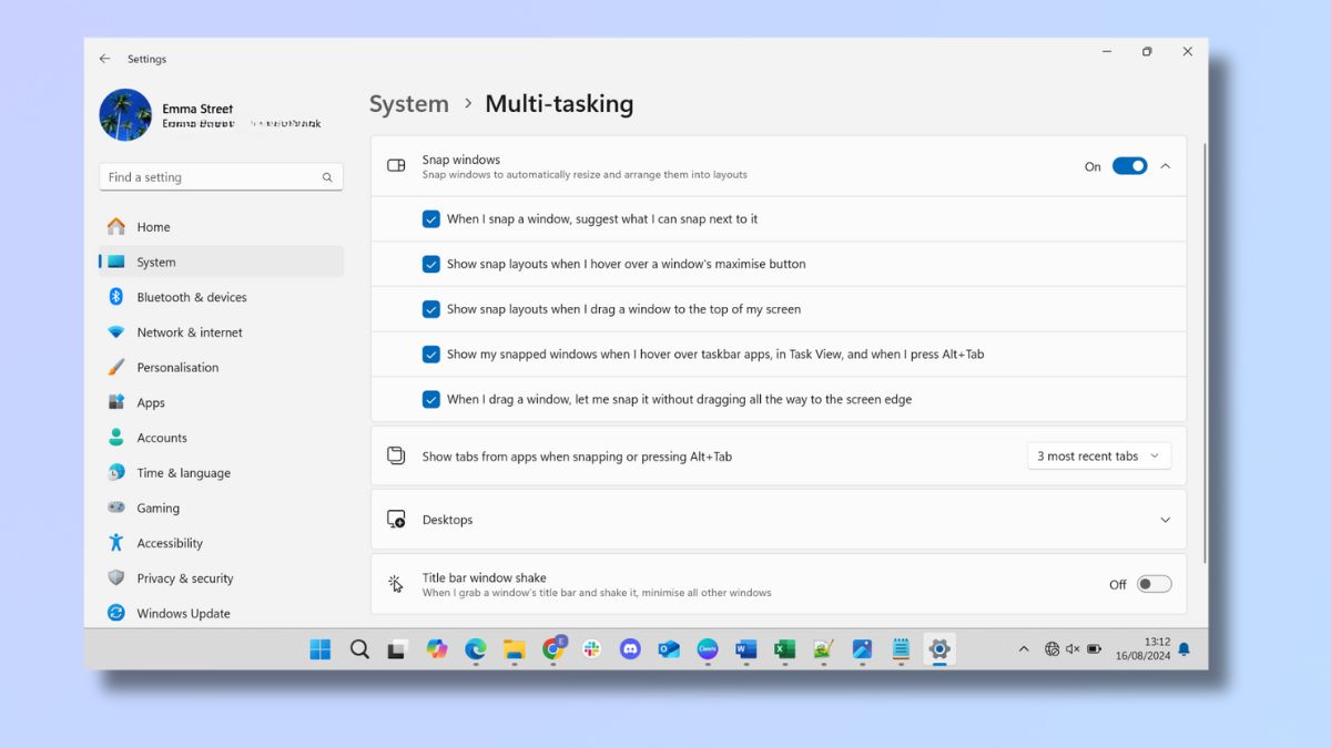 Screenshot showing how to split screen in Windows 11 – Change default split screen settings in Settings