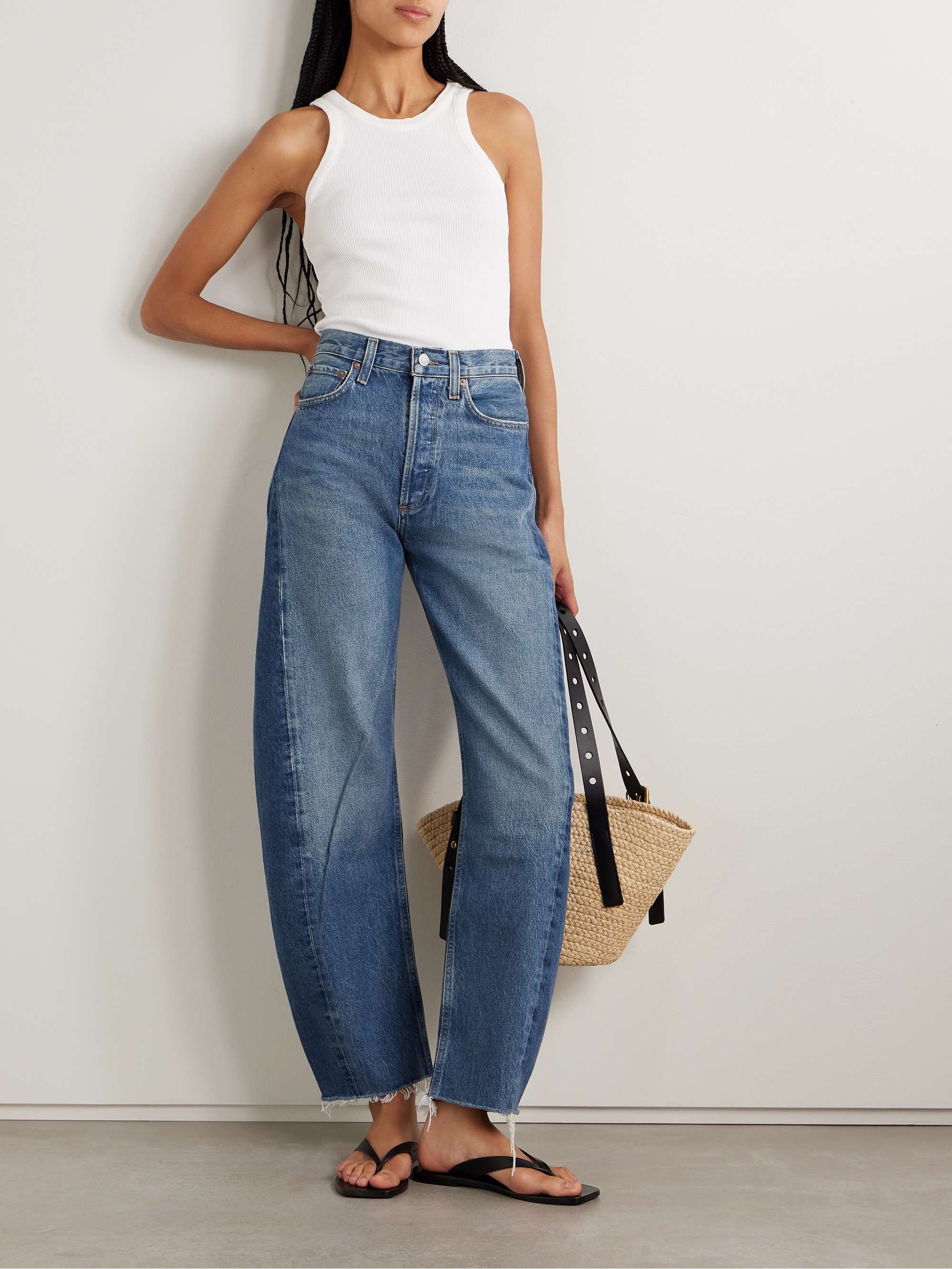 Luna Frayed High-Rise Barrel-Leg Jeans