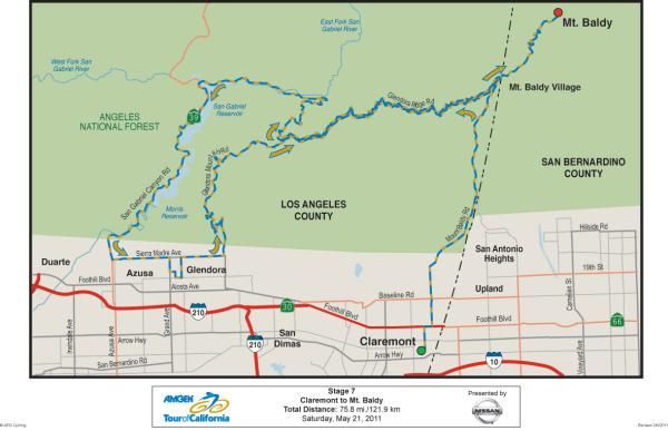 The map of stage 7 from Claremont to Mt. Baldy