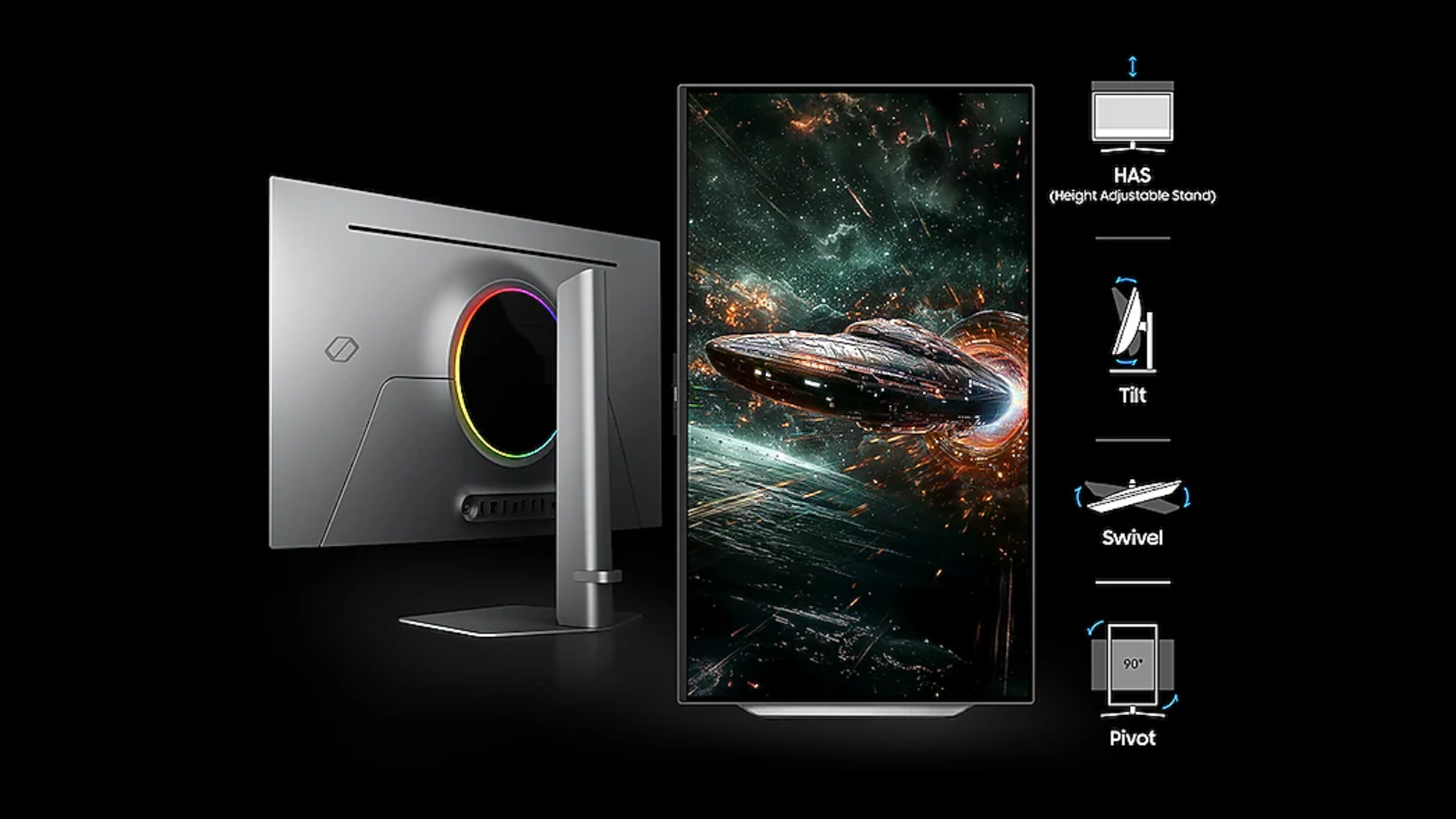 A graphic showing that the Samsung Odyssey OLED G8's display can be tilted, swiveled, pivoted, and height adjusted.