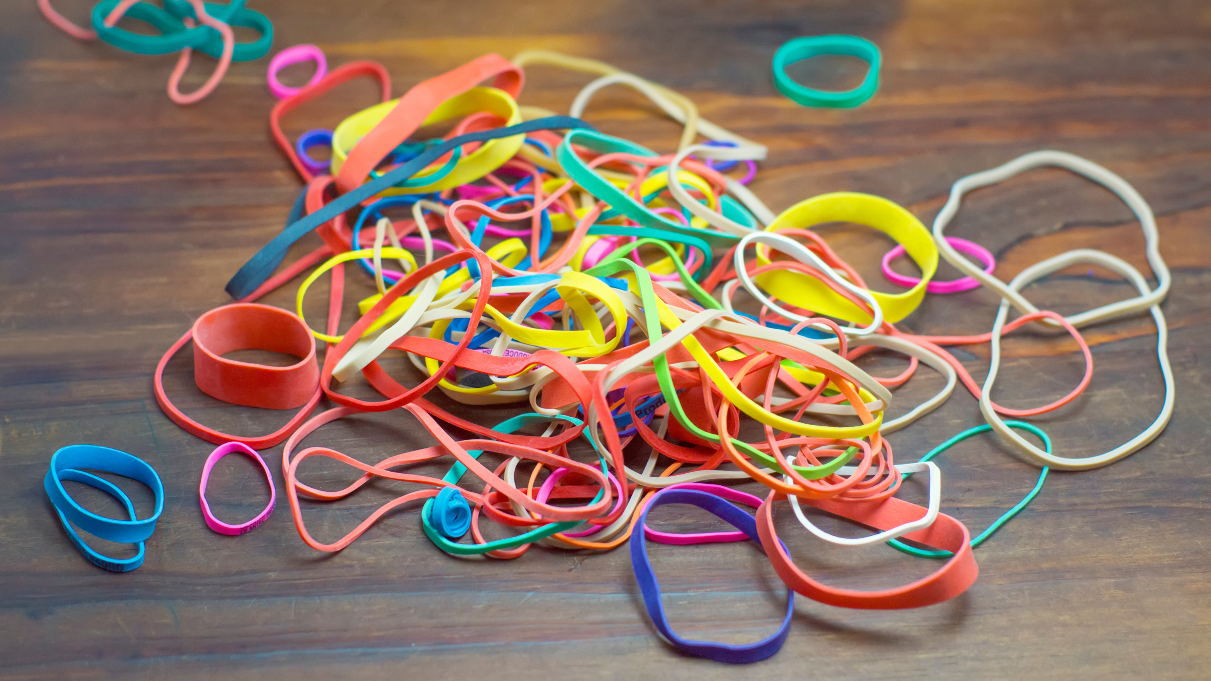 Rubber bands on a table.