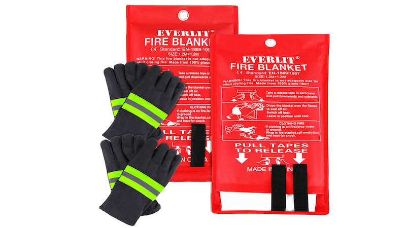 two fire blankets and heat resistant gloves