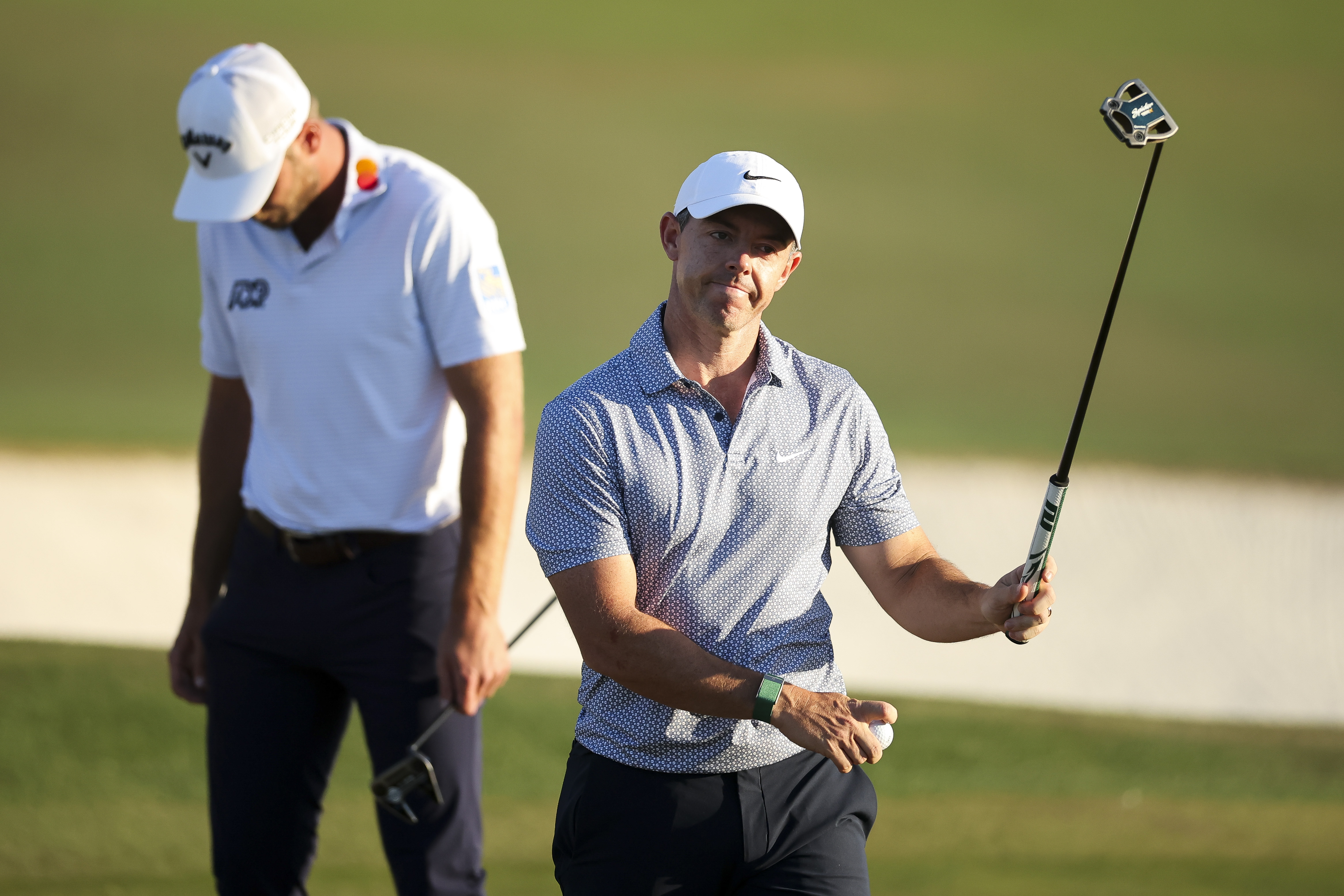 Rory McIlroy reacts on the 18th green during the third round of the 2026 Masters Tournament at Augusta National Golf Club