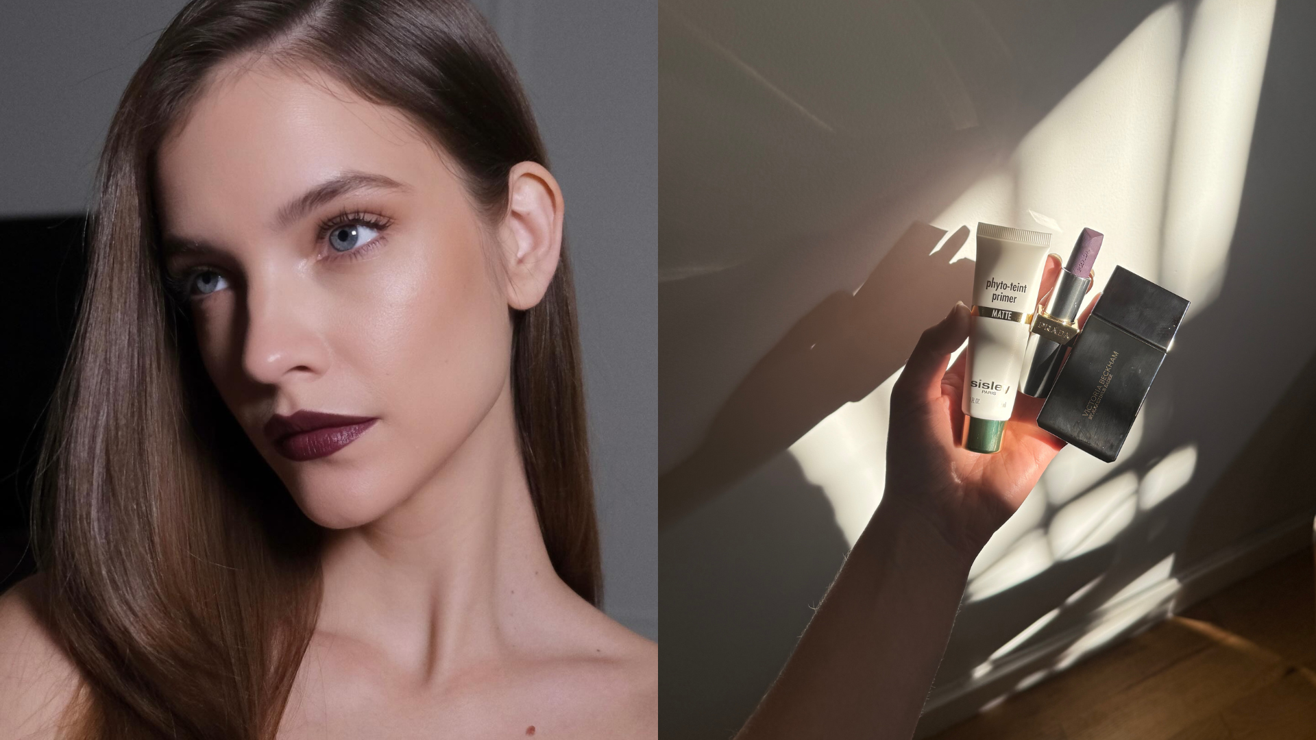 Photo collage of Barbara Palvin wearing plum lipstick and Jamie Schneider's fall makeup staples