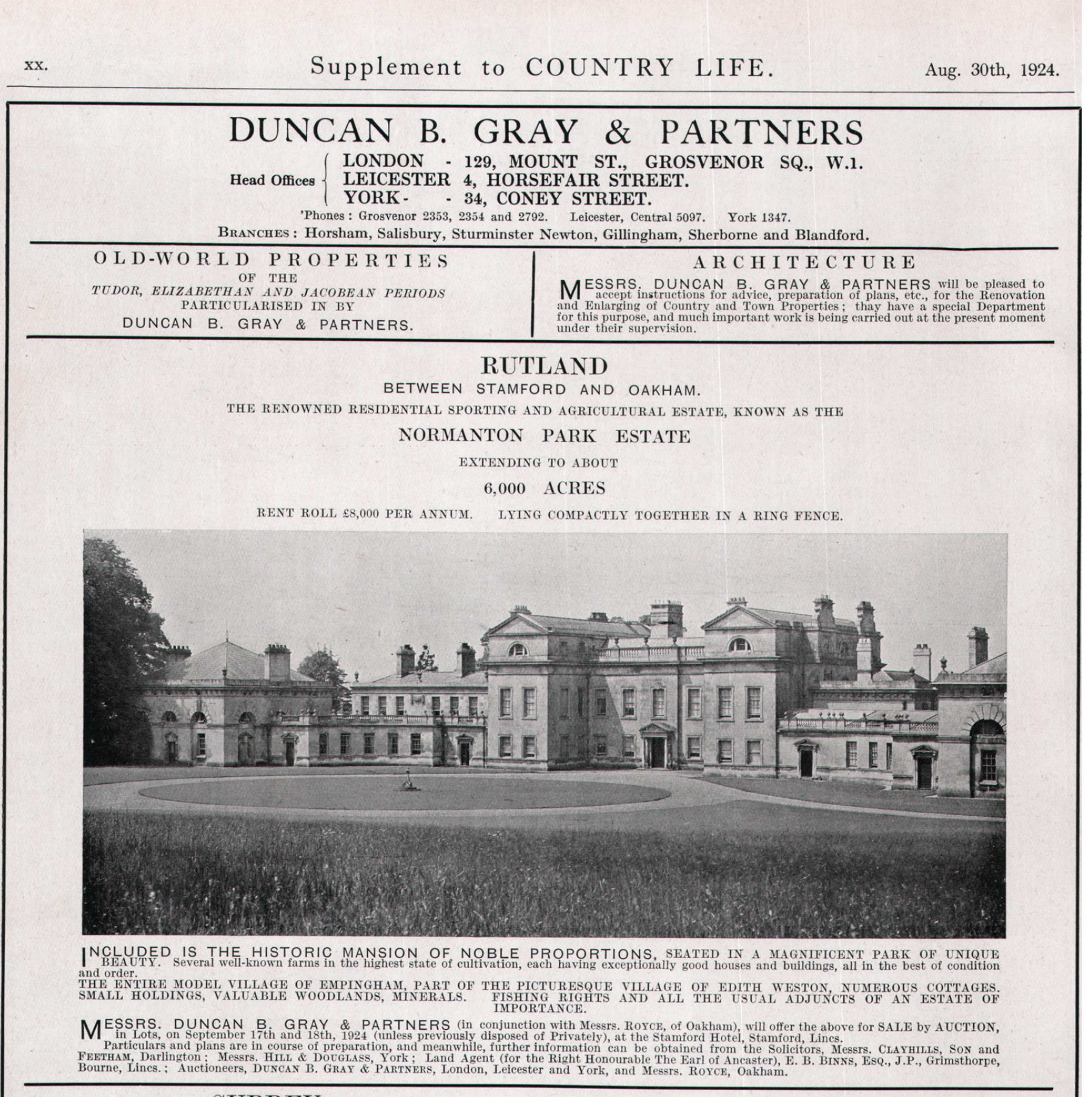 Old advert for sale of Normanton Hall and Park