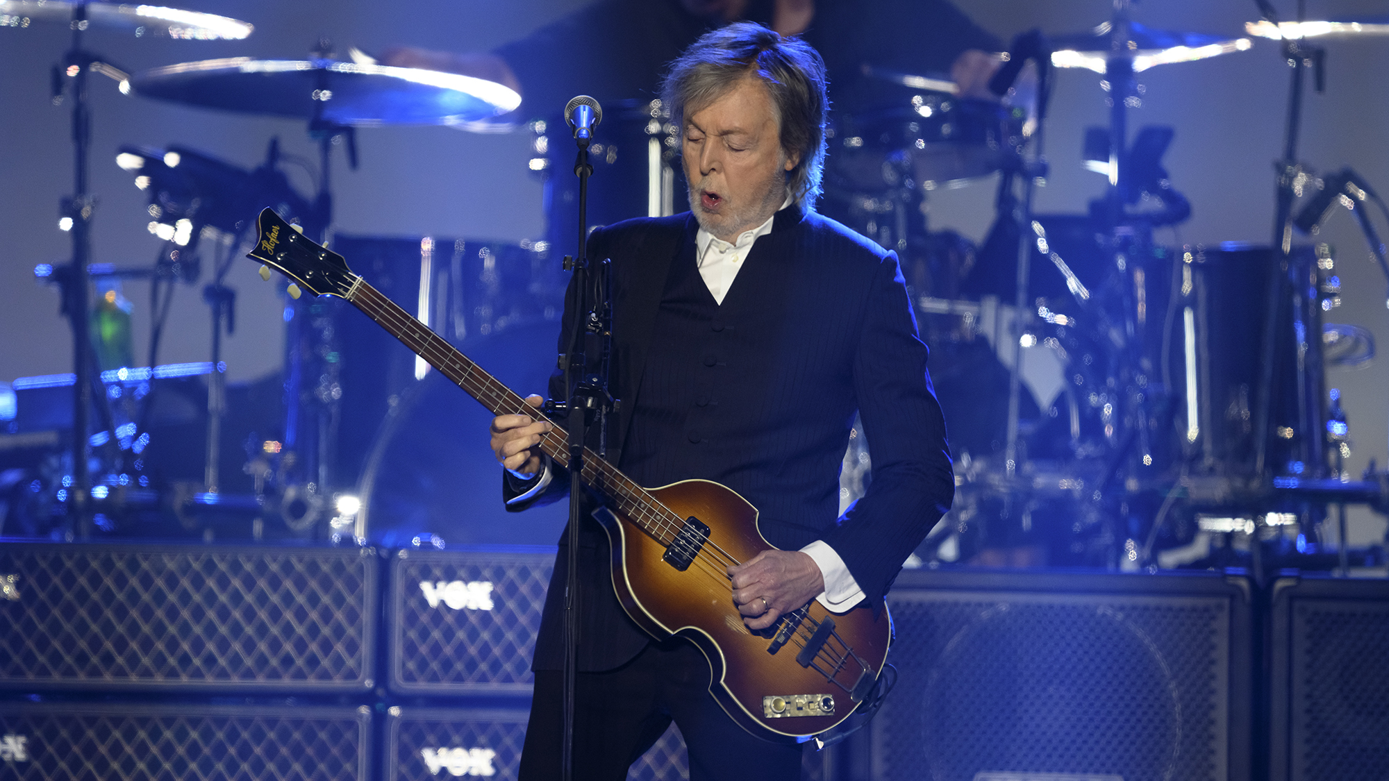 Paul McCartney performs live on stage at Paris La Defense Arena during the 'Got Back!' Tour on December 04, 2024 in Nanterre, France