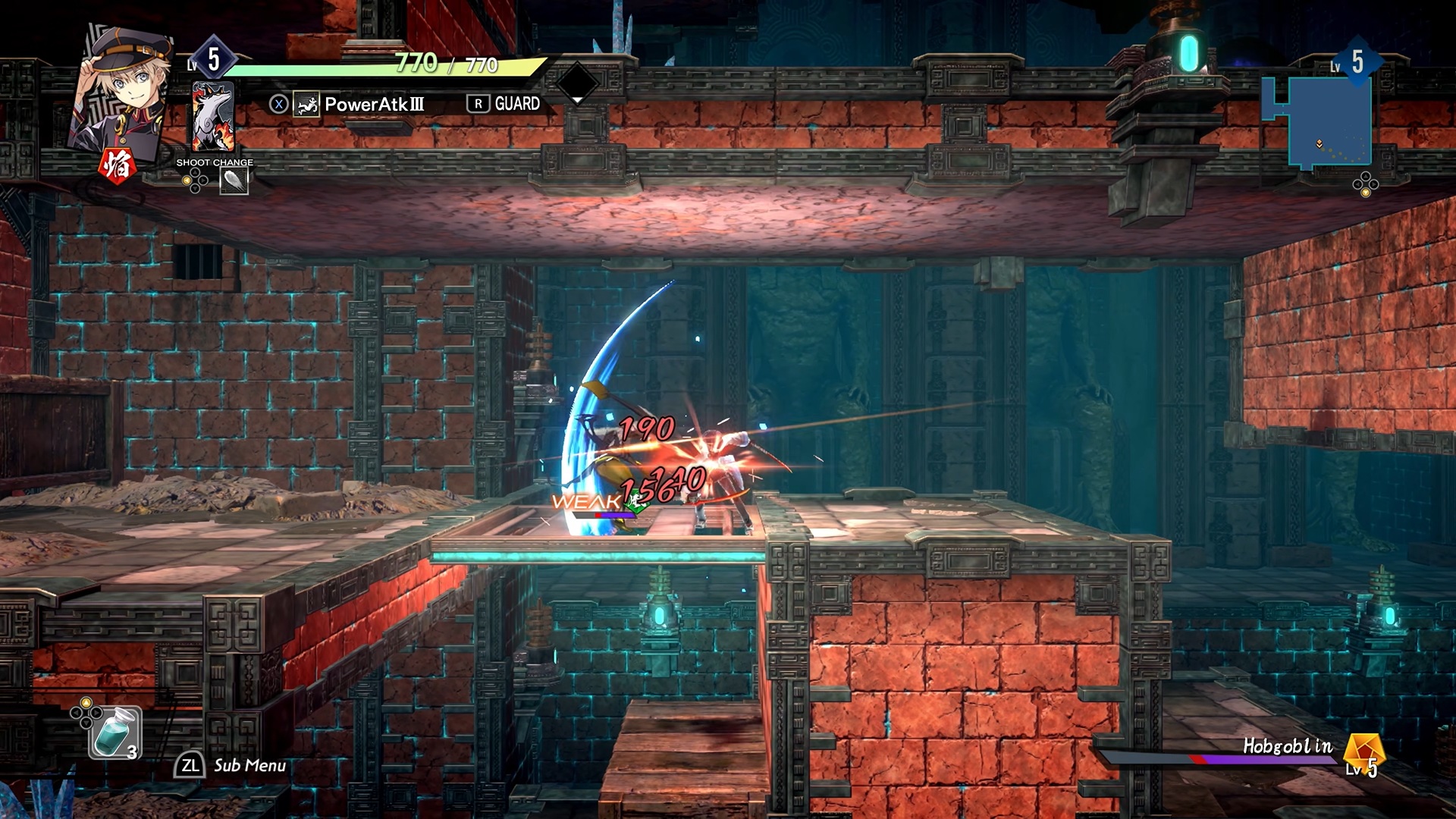 Kyoto Xanadu screenshot showing protagonist Rei fighting through a platforming labyrinth