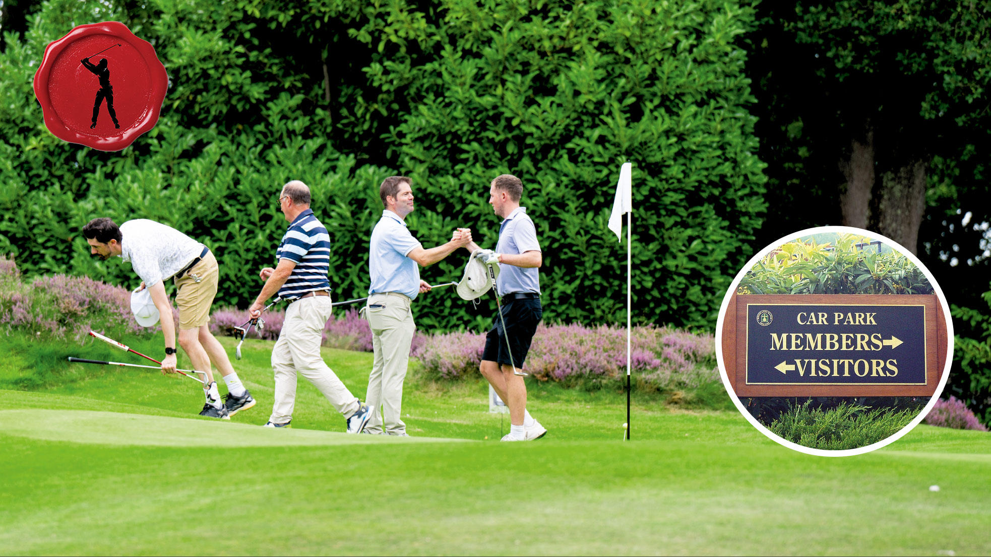 An image of four golfers on the final green, two shaking hands, with an inset of a members/visitors car park sign and another inset of the secret club golfer stamp