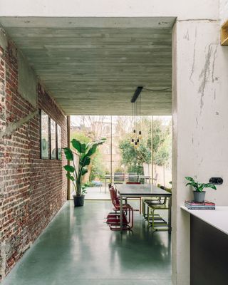 a green colored concrete floor in a home