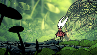 An image of Hornet from Hollow Knight: Silksong standing amidst a verdant landscape.