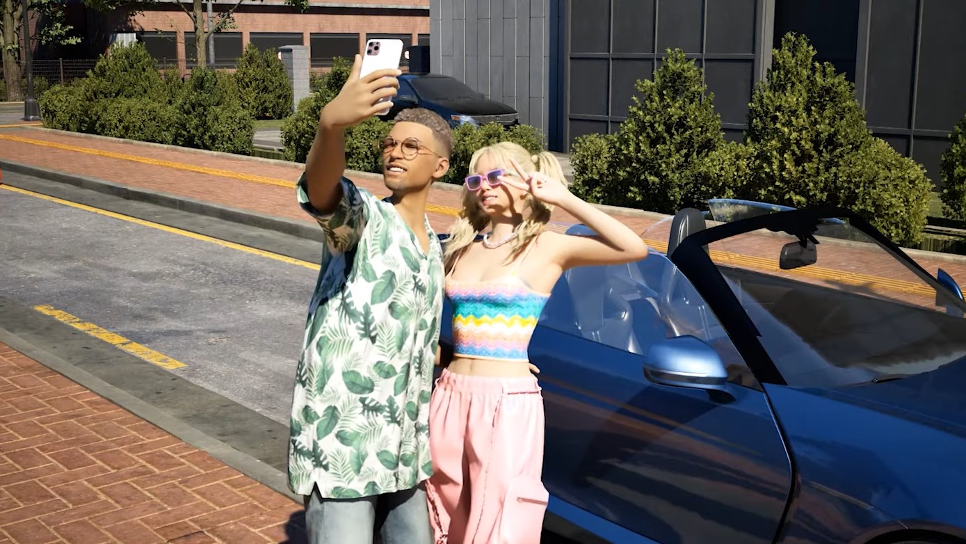 Inzoi - dois personagens posam juntos para uma selfie na frente de um carro conversível azul