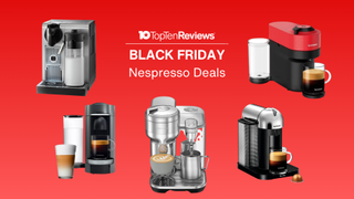 Nespresso coffee machines on red background with text: Top Ten Reviews BLACK FRIDAY Nespresso Deals