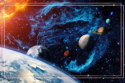 Digital illustration of the Solar system. Sun, Earth and planetary Moon, Mars, Jupiter, Saturn, Uranus, Neptune and the dwarf Pluto. A row of planets and a stellar nebula in outer space. Clipping path included for the foreground objects. Opacity and bump textures for the earth and other planets map prepared