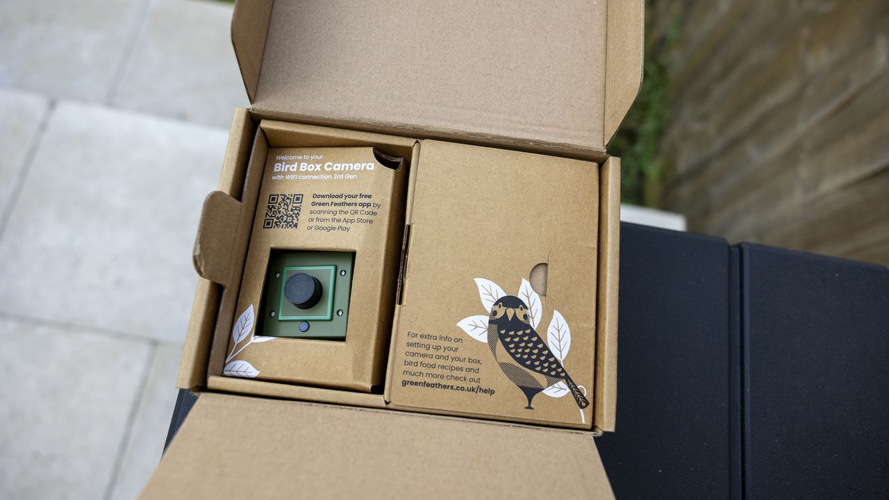 A small cardboard box containing the Green Feathers HD WiFi bird box camera