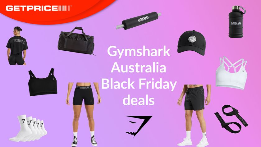 Pink and purple background with red GetPrice logo on top left corner, white writing in the middle that says Gymshark Australia Black Friday deals with scattered images of Gymshark products including water bottles, bags, socks and clothes