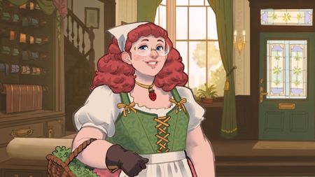 Dressmaker character in green and white top