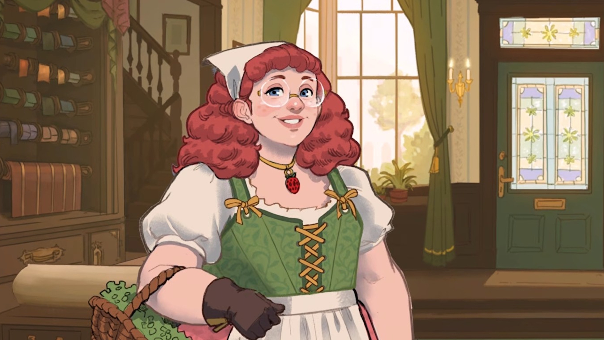 Dressmaker character in green and white top