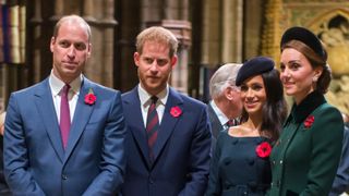 LONDON, ENGLAND - NOVEMBER 11: Prince William, Duke of Cambridge and Catherine, Duchess of Cambridge, Prince Harry, Duke of Sussex and Meghan, Duchess of Sussex attend a service marking the centenary of WW1 armistice at Westminster Abbey on November 11, 2018 in London, England. The armistice ending the First World War between the Allies and Germany was signed at Compiègne, France on eleventh hour of the eleventh day of the eleventh month - 11am on the 11th November 1918. This day is commemorated as Remembrance Day with special attention being paid for this year’s centenary. (Photo by Paul Grover- WPA Pool/Getty Images)