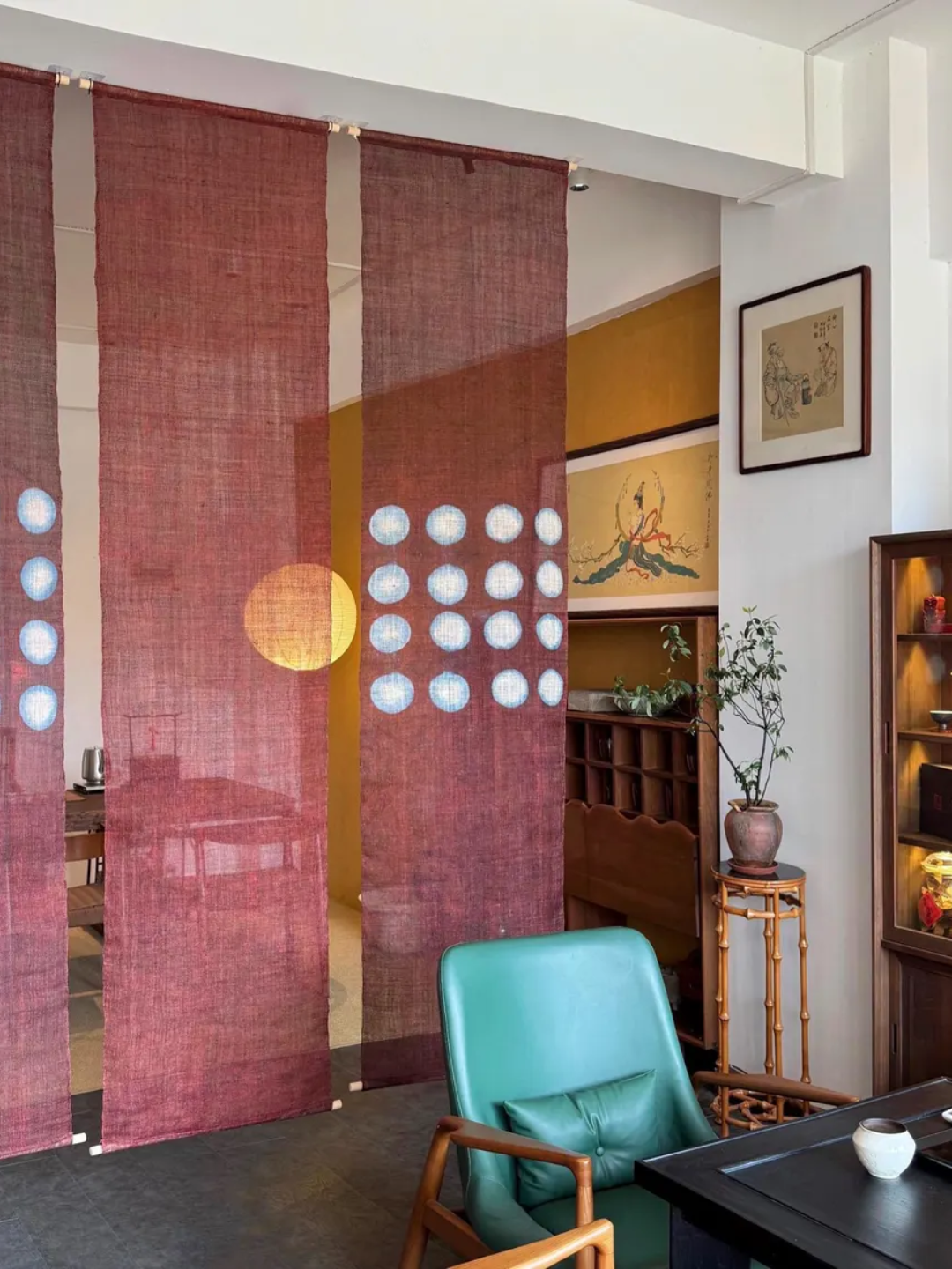 A living room with Japanese sheer noren