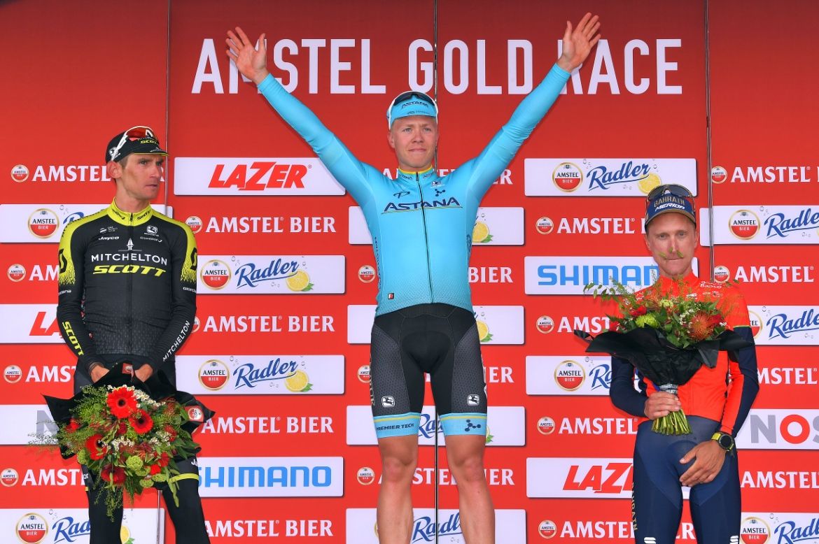 Michael Valgren (Astana) celebrates on the podium of the Amstel Gold Race