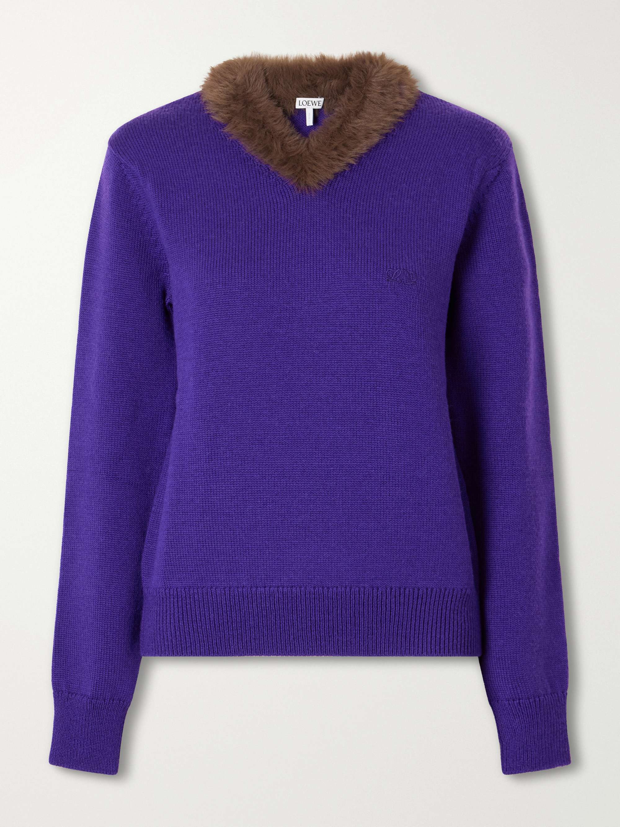 Plush-Trimmed Ribbed Wool Sweater