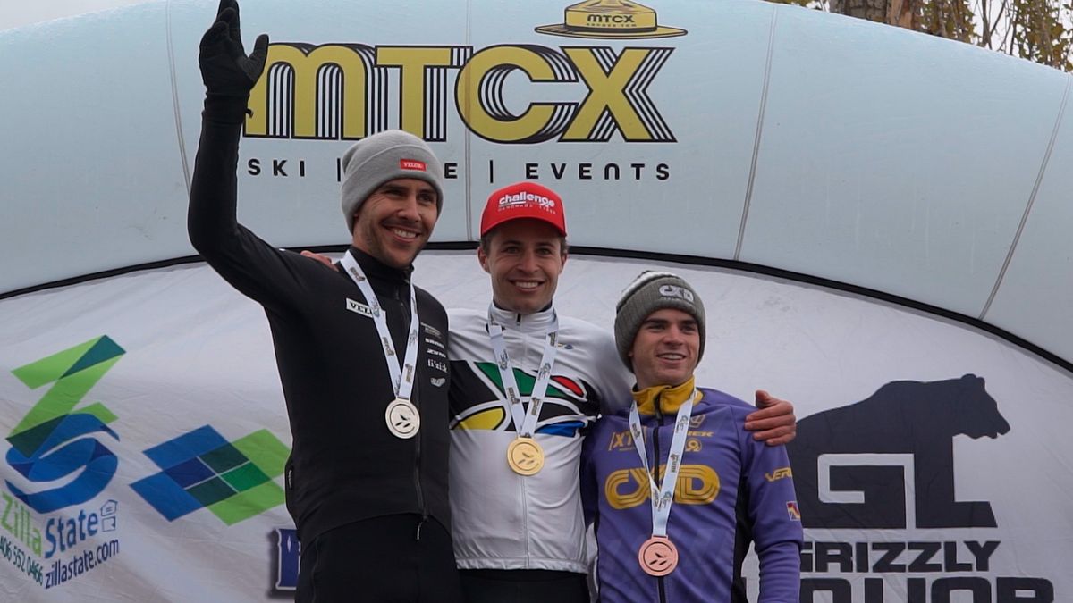 Elite men&#039;s podium at 2024 Pan-Am Cyclocross Championships in Montana (L to R): second-placed Curtis White, winner Eric Brunner, third-placed Andrew Strohmeyer