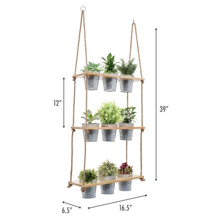 Wall Hanging Herb Planters, 3 Tiered Vertical Planter Shelf With Metal Pot Set, Indoor Garden, Wood Herb Garden for Kitchen, Vertical Hanging Planters Wall Hanging- Parent (galvanized)