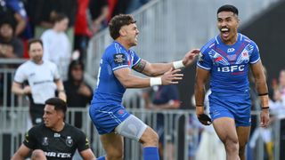 Samoa's Deine Mariner celebrates after scoring a try against New Zealand in the 2025 Pacific Championships