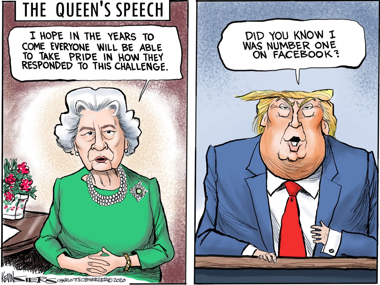 Political Cartoon U.S. Queen address public brings comfort Trump Facebook trending