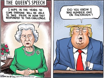 Political Cartoon U.S. Queen address public brings comfort Trump Facebook trending