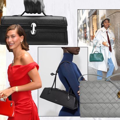 Graphic of east-west bag trend of Hailey Bieber, Bottega Veneta, and Ayo Edebiri 