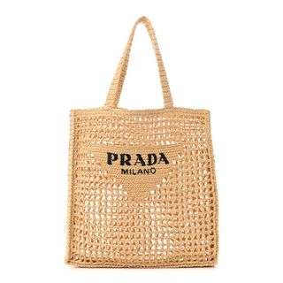 Prada Yarn Raffia Effect Crochet Logo Embroidered Tote Bag Naturale