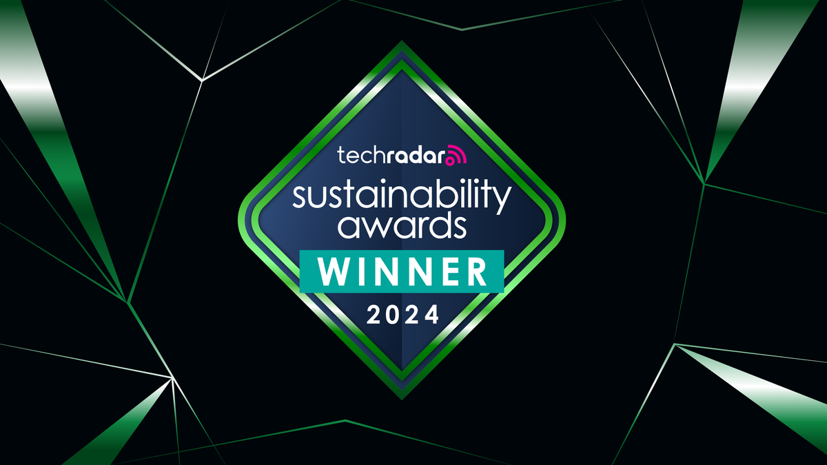 A black background with green line art, fronted with a diamond-shaped badge reading &#039;TechRadar Sustainability awards winner 2024&#039;