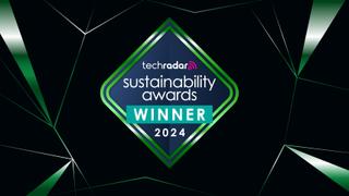 A black background with green line art, fronted with a diamond-shaped badge reading 'TechRadar Sustainability awards winner 2024'