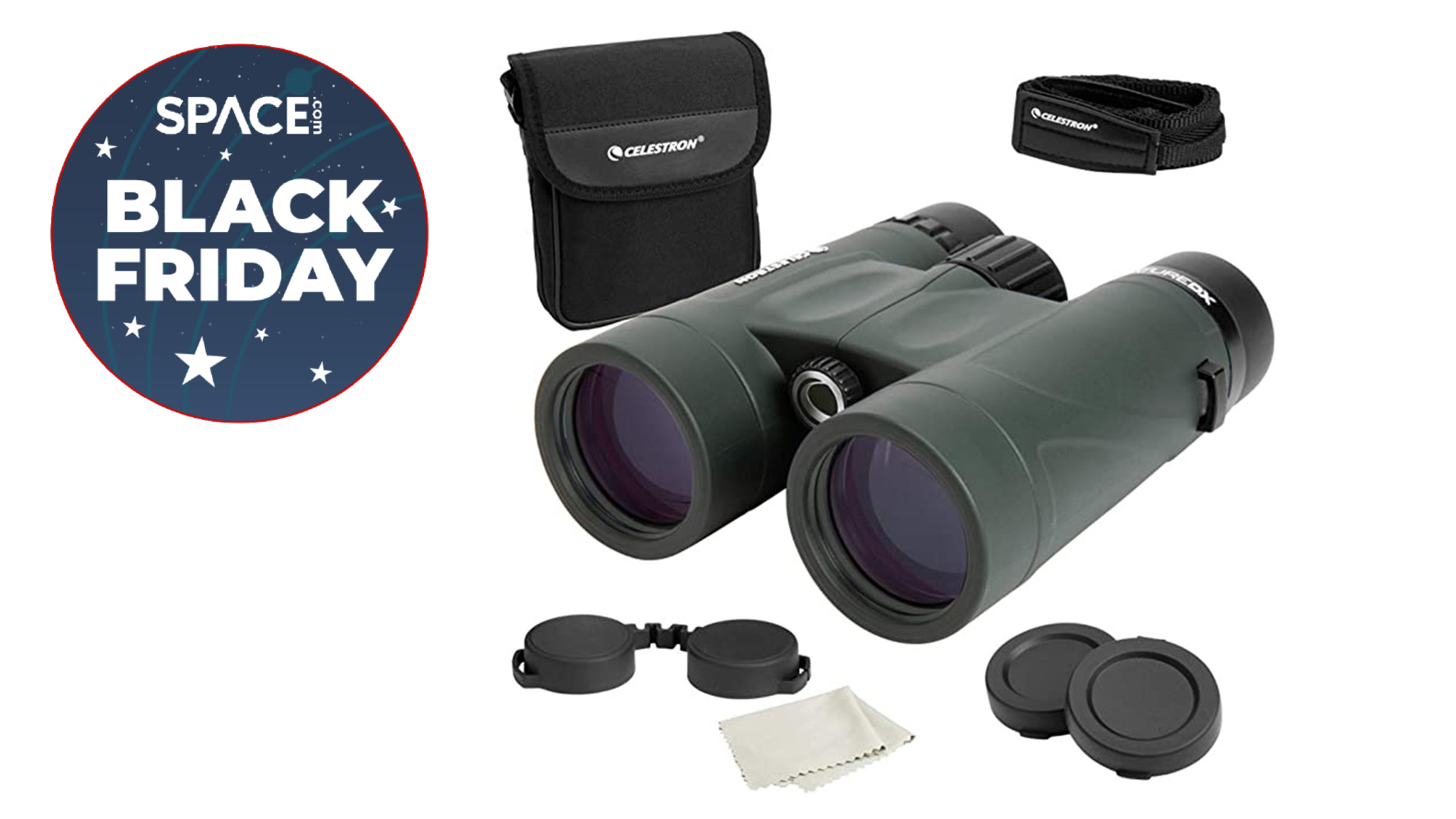 Celestron nature dx 8x42 binoculars on white background with black friday deal badge