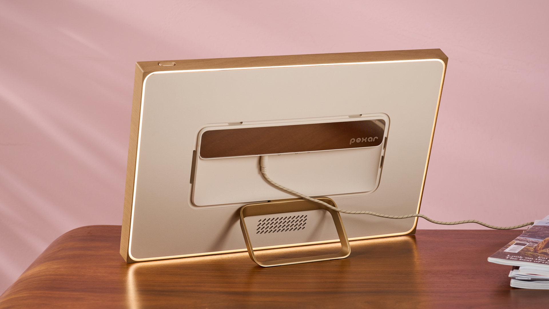 The rear of the Pexar Starlight 15.6-inch showing the power cable and stand, as well as its built-in lighting.