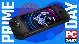 An MSI Claw A1M gaming handheld on a blue and red Prime Day background with the PC Gamer badge in the bottom right