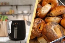 A collage of an air fryer and bagels