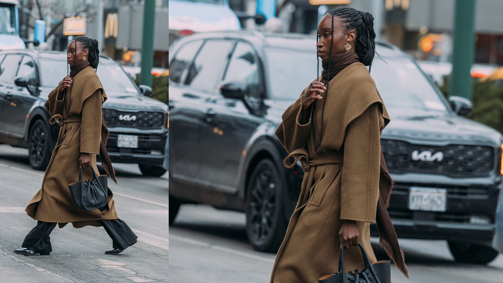 Woman wears long brown coat, black pants, loafers, black handbag.