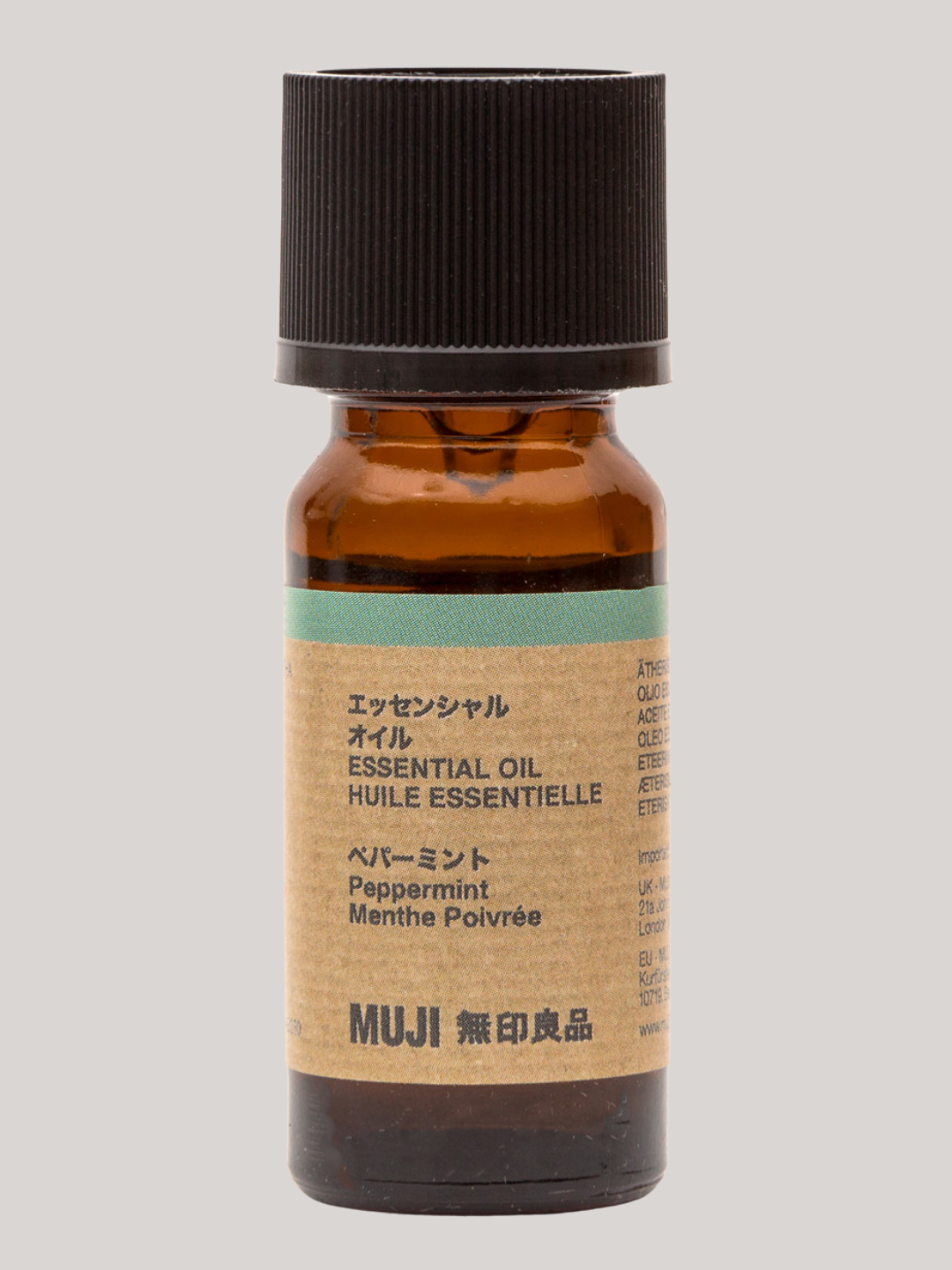 A bottle of peppermint essential oil from MUJI