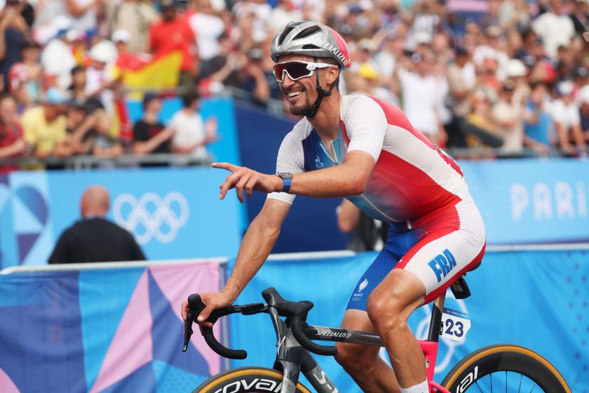 PARIS, FRANCE - AUGUST 03: Julian Alaphilippe of Team France celebrates the victory of his teammates Valentin Madouas as Silver medal and Christophe Laporte as Bronze medal during the Men&#039;s Road Race on day eight of the Olympic Games Paris 2024 at trocadero on August 03, 2024 in Paris, France. (Photo by Jared C. Tilton/Getty Images)