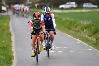 WAREGEM BELGIUM MARCH 30 LR Svenja Betz of Germany and Team Ibct and Victorie Guilman of France and Team FDJ Nouvelle Aquitaine Futuroscope compete in the breakaway during the 10th Dwars door Vlaanderen 2022 Womens Elite a 120km one day race from Waregem to Waregem DDV22 DDVwomen on March 30 2022 in Waregem Belgium Photo by Luc ClaessenGetty Images