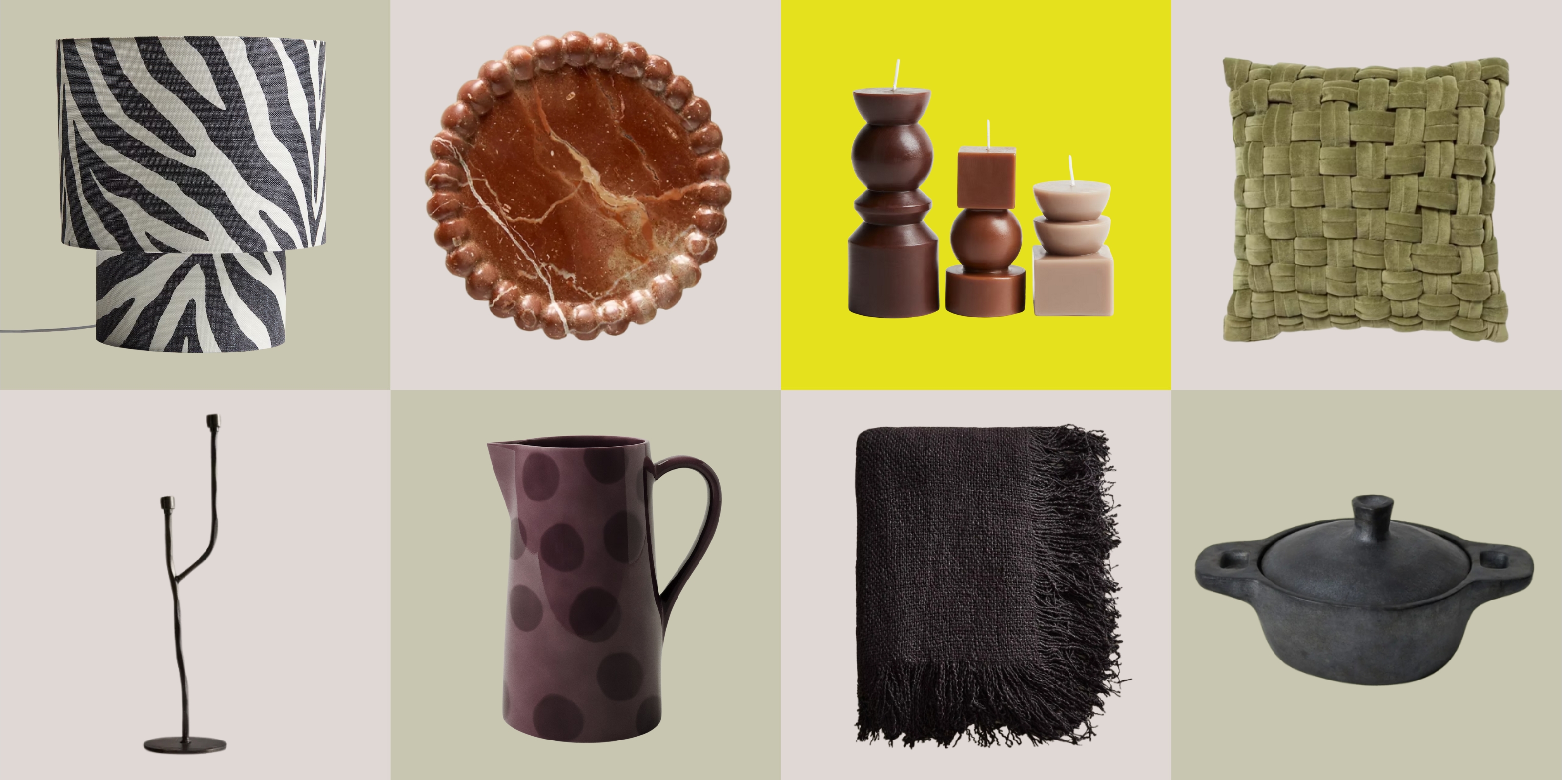 Eight product boxes that each have a different homeware item in them. There are things like a zebra print lamp, a marble coaster, a black throw blanket, and a purple polka dot jug.