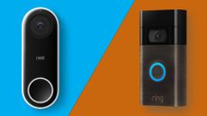 Ring and Nest Doorbell in front of a blue and orange background