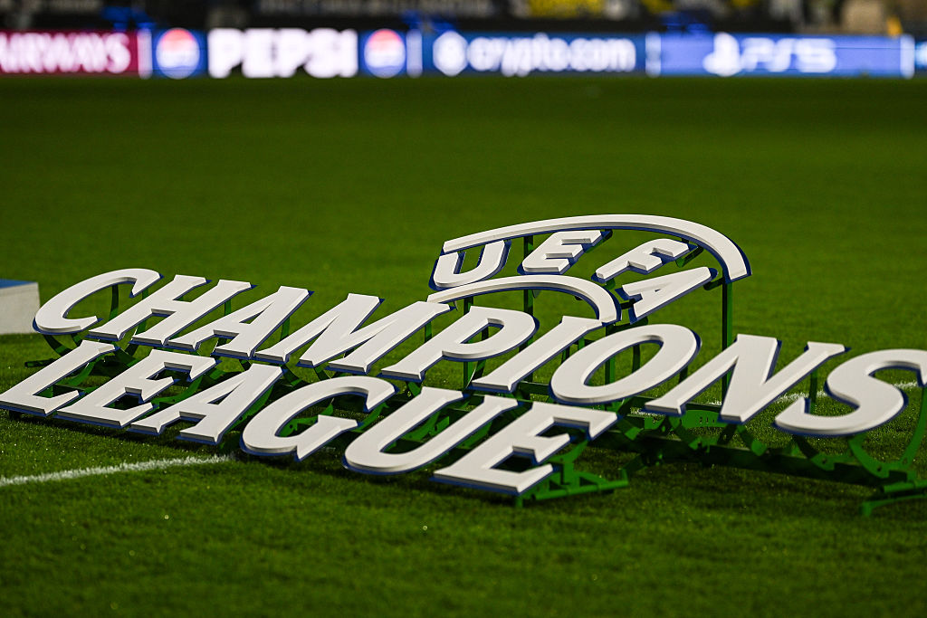 The logo of the Champions League appears before the UEFA Champions League 2025/2026 Knockout Play-off Second Leg between Atalanta BC and Borussia Dortmund in Bergamo, Italy, on February 25, 2026, at Gewiss Stadium. (Photo by Tiziano Ballabio/NurPhoto)