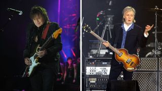 Left-Richie Sambora perfrorms at America Salutes You and Wall Street Rocks Presents Guitar Legends For Heroes at Terminal 5 on November 29, 2017 in New York City; Right-Paul McCartney performs during the third day of Corona Capital Fest at Autódromo Hermanos Rodríguez on November 17, 2024 in Mexico City, Mexico