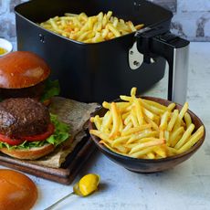 chips and a burger from an air fryer