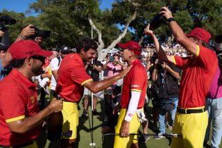 Eugenio Chacarra celebrates with Sergio Garcia after his win at LIV Golf Andalucia